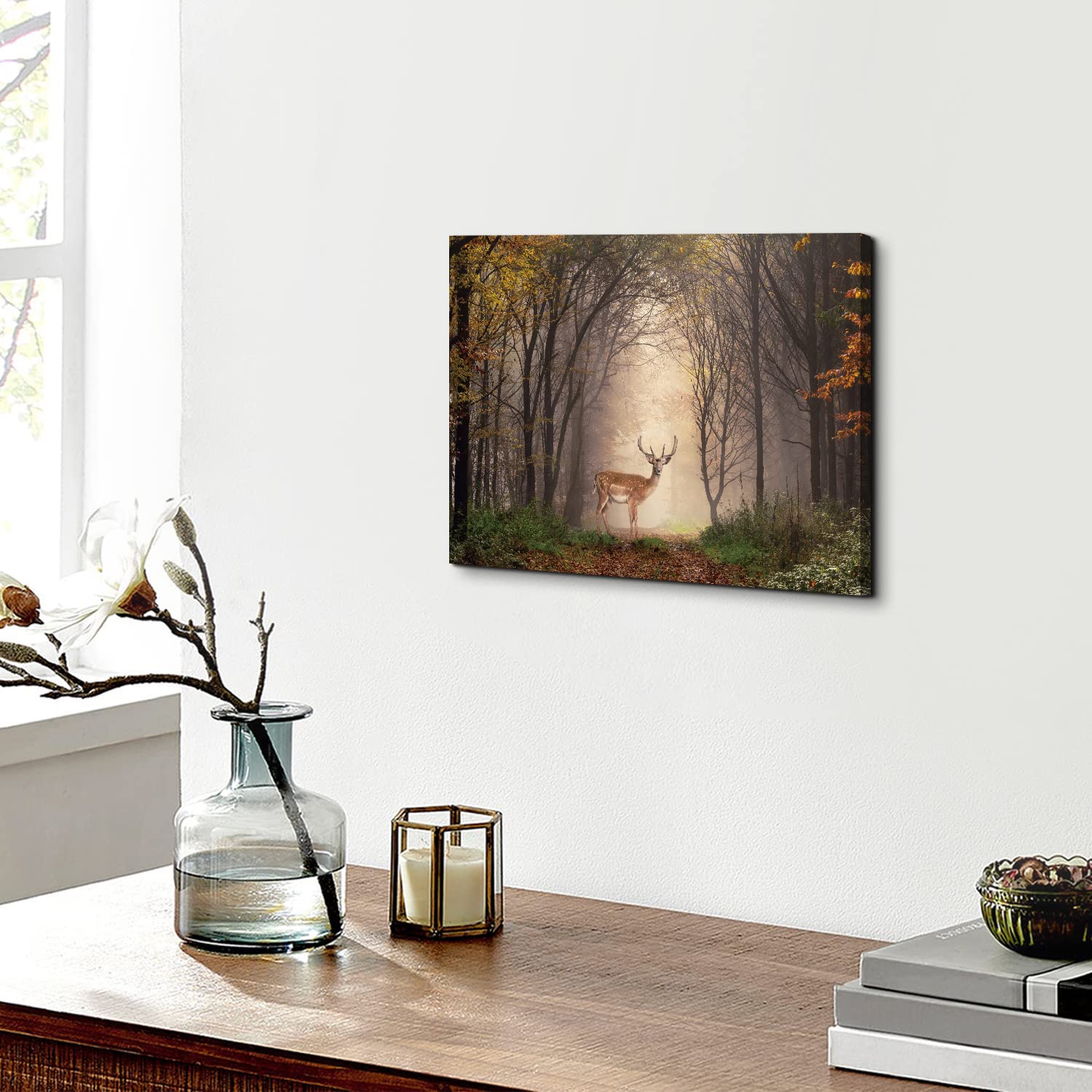 Amazon.co.jp: 野生動物 風景 キャンバス ウォールアート 秋の鹿 霧の